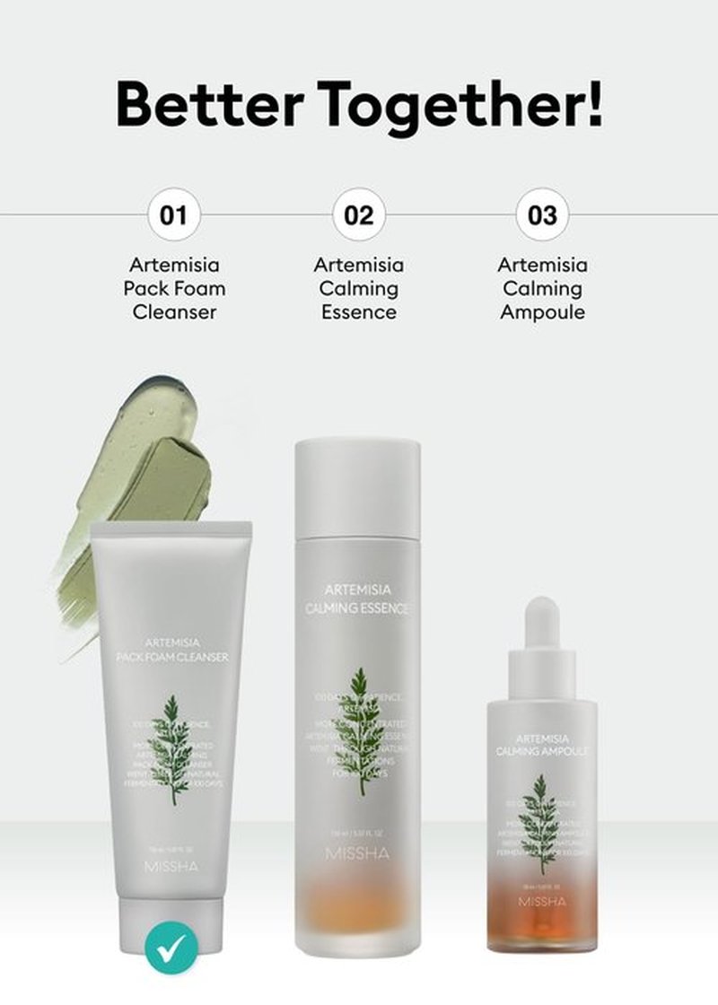 MISSHA Artemisia Pack Foam Cleanser 5.07 Fl oz/ 150ml, 2-in-1 Korean Facial Cleanser & Clay Mask with Double-Fermented Mugwort Extract, Soothes Sensitive Skin