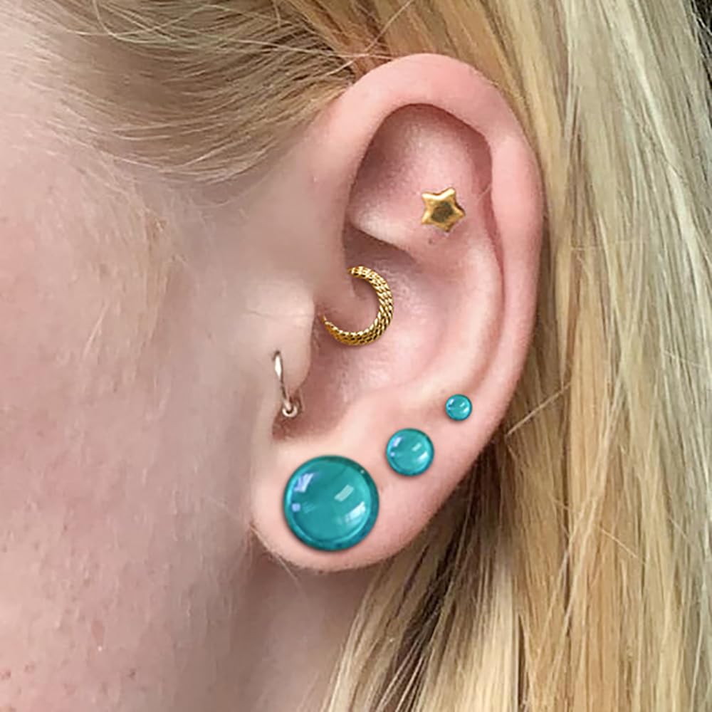 BOKABOO 14 PCS Glass Ear Gauges Stretching Kit Short Taper Expander, Turquoise 14g-2g Comfy Dead Stretching Plugs with Rubber Rings, Crazy Domed Body Piercing Jewelry Set