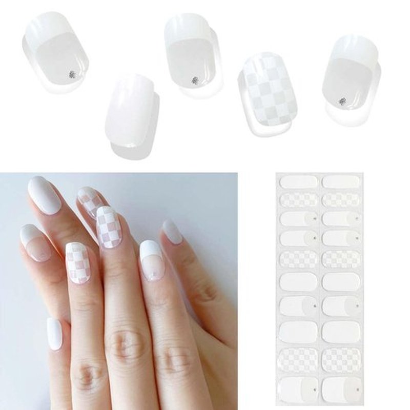 CHOOSE-IT Semi Cured Gel Nail Strips (Checkboard French) Full Nail Wraps for Party 20 Pcs Long Lasting Salon-Quality DIY Manicure at Home UV Lamp Required