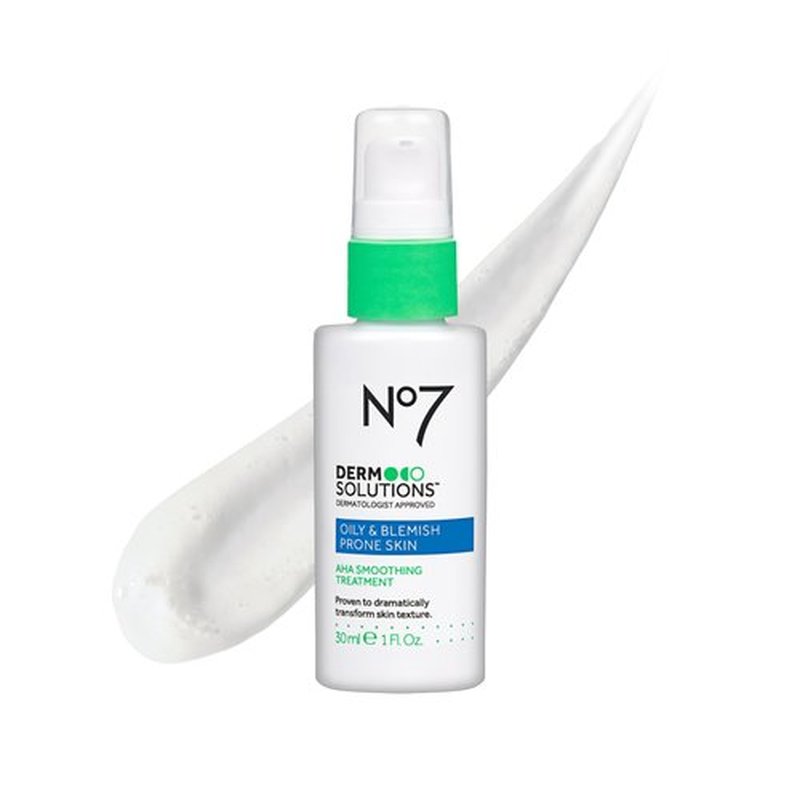 No7 Derm Solutions AHA Exfoliant & Face Toner with Lactic & Glycolic Acid - AHA Smoothing Treatment - Controls Oil and Minimizes Pores - for Oily & Blemish-Prone Skin (1 Fl Oz)