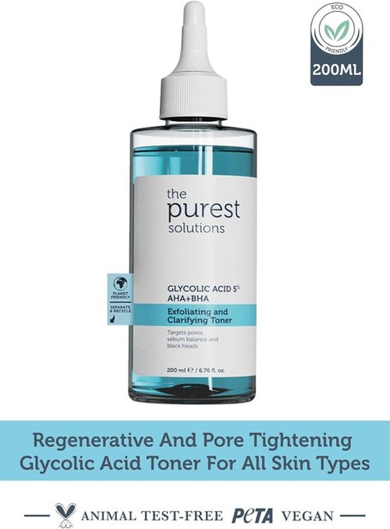 Purest Solutions Exfoliating Toner - Glycolic Acid 5% AHA + BHA for All Skin Types - Vegan & Cruelty-Free (6.76 fl. oz)