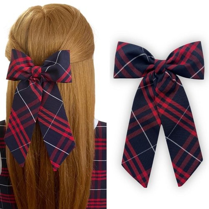 ClassExceed Jumbo Plaid Hair Bow for Girls – Extra Large 5"x8" with Long Tail & Secure French Barrette – Durable Yarn-Dyed Fabric – Elegant Back to School Accessory (Dark Navy and Red Plaid #37)