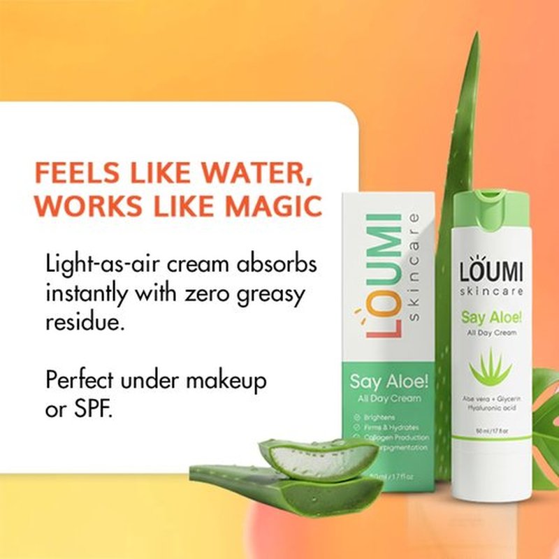 LOUMI Skincare Say Aloe All-Day Face Cream | Hydrating Aloe Vera & Hyaluronic Acid Moisturizer | Nourishes, Soothes & Softens Dry Skin | Natural, Vegan & Cruelty-Free | 1oz