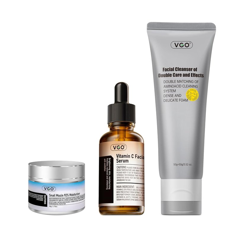 VGO Skin Care Set - Snail Mucin 92% Moisturizer, Vitamin C Serum & Dual-Tube Cleanser | Vegan & Cruelty-Free