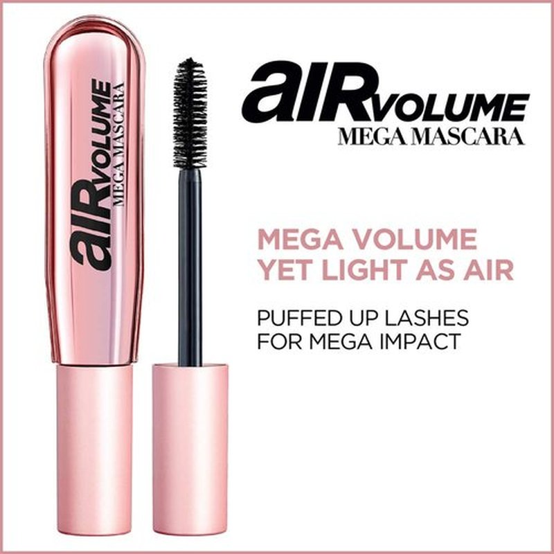 L'Oreal Paris Makeup Air Volume Mega Mascara, Lightweight & Long-lasting Volumizing Mascara for Voluminous Eyelashes, Waterproof Blackest Black, 0.3 Fl Oz