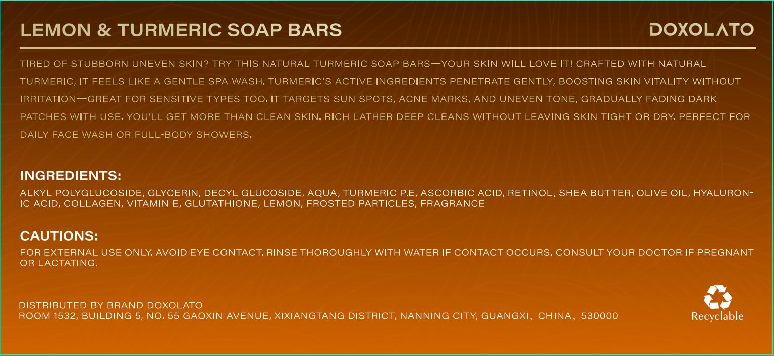 DOXOLATO Lemon Turmeric Soap Bars for Face Body - Gentle Exfoliating Turmeric Soap Bar Improve Skin Texture Moisturizing, 3 Bars