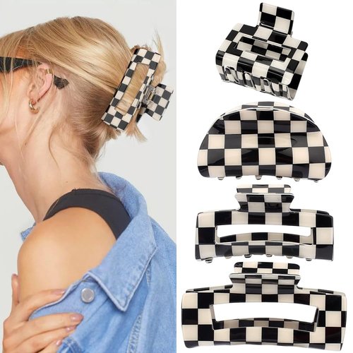 Atoden Checkered Hair Clips for Thick Thin Hair 4Pcs Large Medium Small Square Claw Clips Non Slip Strong Hold Jaw Clips Y2K Hair Accessories for Women Girls Black White