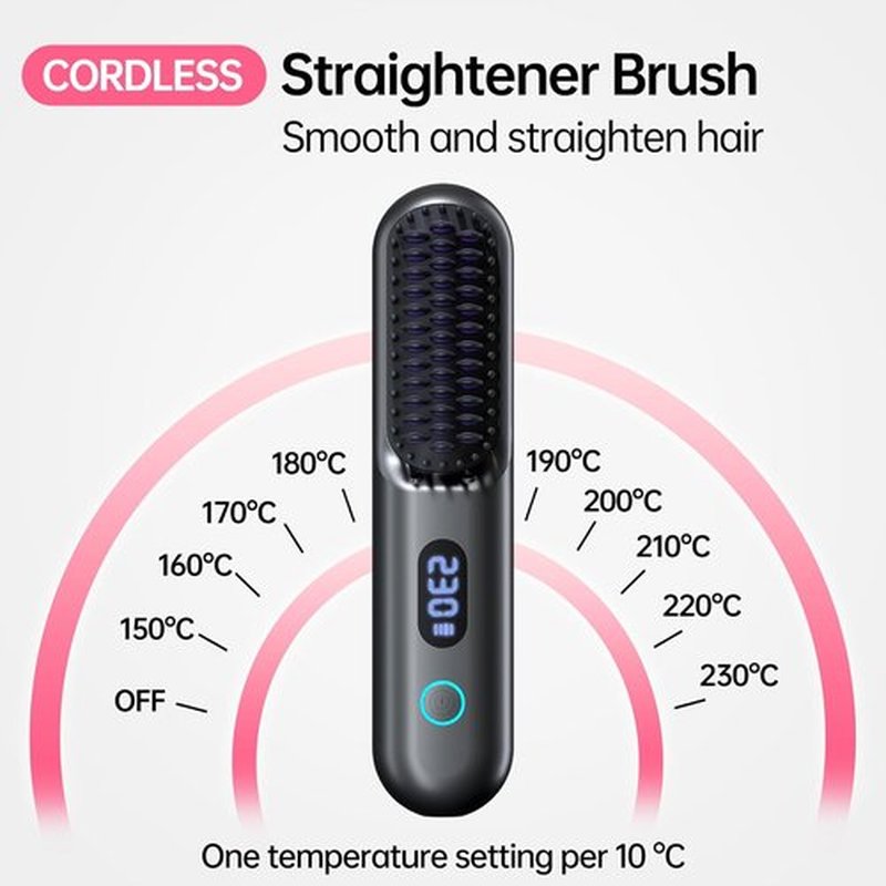 Skiennix Cordless Hair Straightener Brush - Portable Comb with 9600mAh Battery, Plasma Technology, 9 Temp Settings & LED Display - Ideal for Travel & Home (Grey)