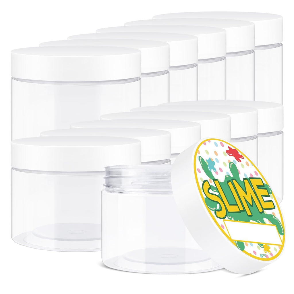 Opret 12 Pack 10oz Empty Slime Containers, Large Plastic Slime Jars with Lids and Labels Clear Storage Organizers for Slime Making, Food and Beauty Products, BPA Free