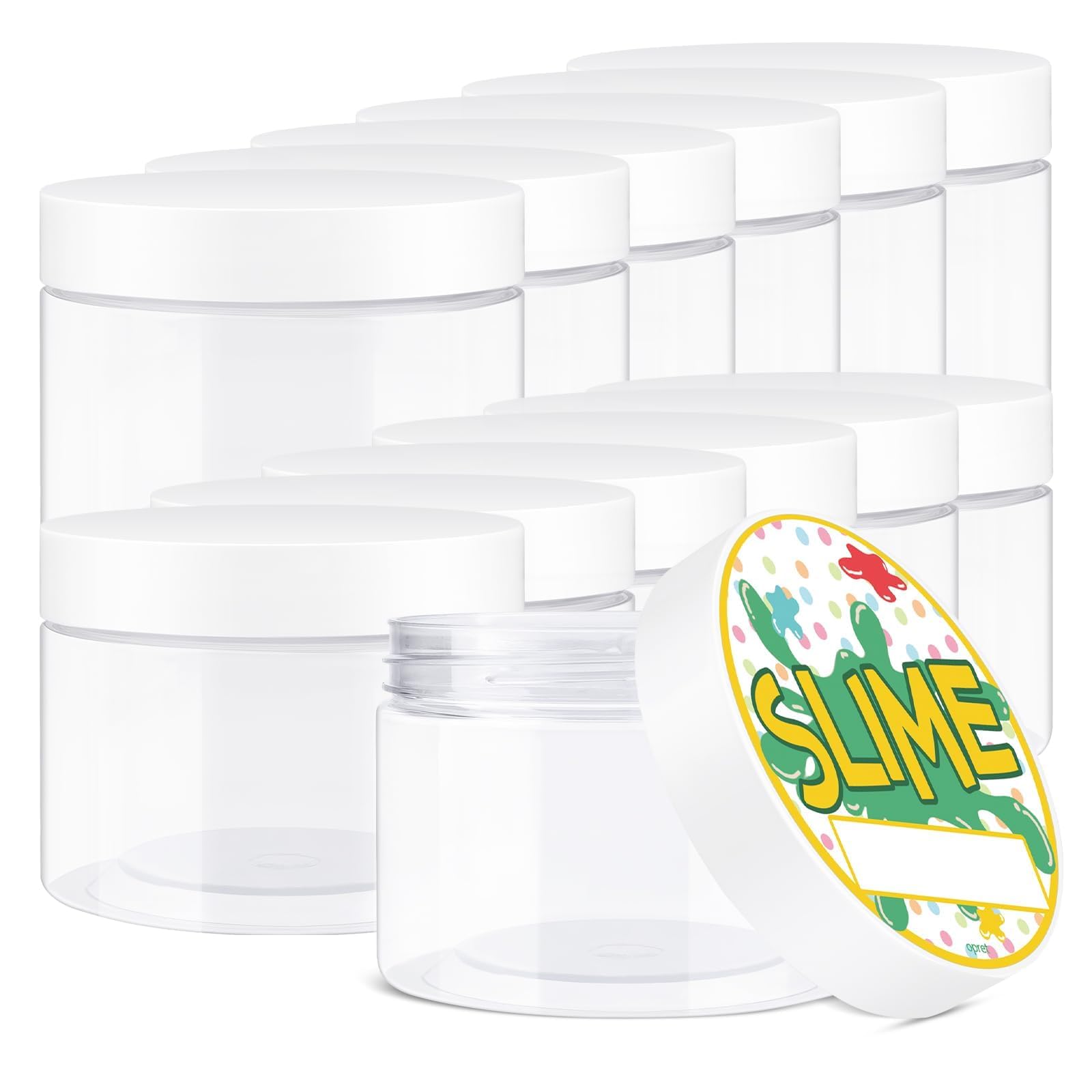 Opret 12 Pack 10oz Empty Slime Containers, Large Plastic Slime Jars with Lids and Labels Clear Storage Organizers for Slime Making, Food and Beauty Products, BPA Free