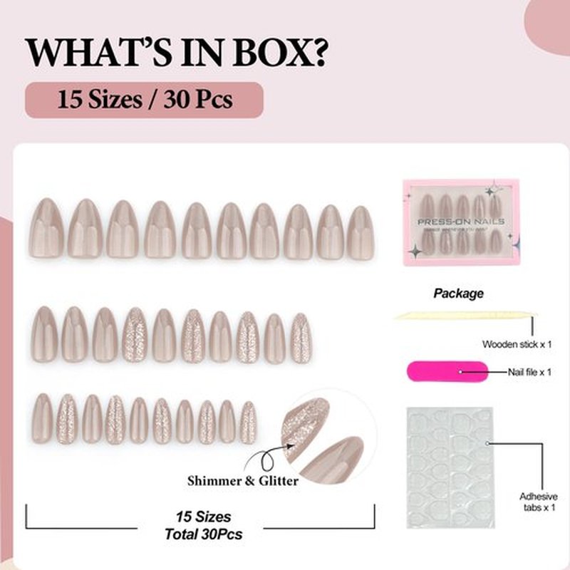 Fomkrio Shimmer Cat Eye and Glitter Cape Taupe Medium Press On Nails Almond Acrylic Fake Nails with Designs Spring Summer Nails for Women Girls, 15 Sizes - 30Pcs Manicure Nail Ki
