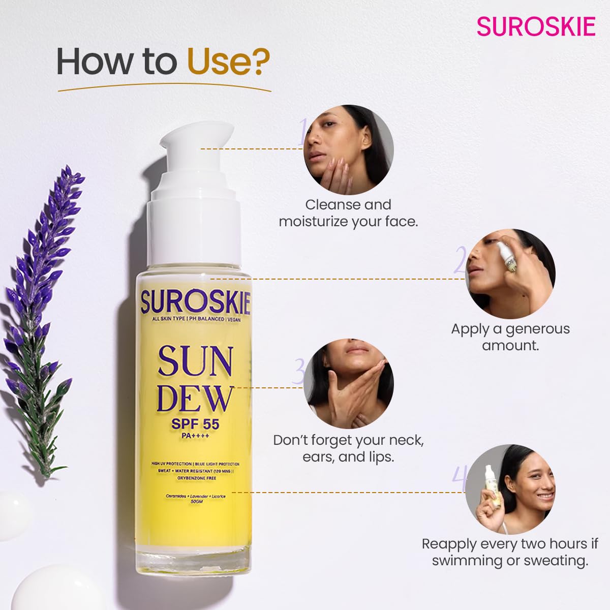 Suroskie Sun Dew SPF 55 PA++++ Sunscreen, Water-Resistant, Lightweight Formula with Lavender and Niacinamide, 50ml