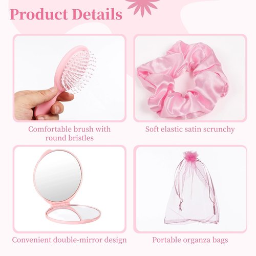 Tideme 48 Pcs Pink Party Favors, Pink Makeup Party Supplies, Including Hair Brushes, Elastic Scrunchies, Pocket Cosmetic Mirrors, and Organza Bags, Makeup Brush Accessories (48PCS)