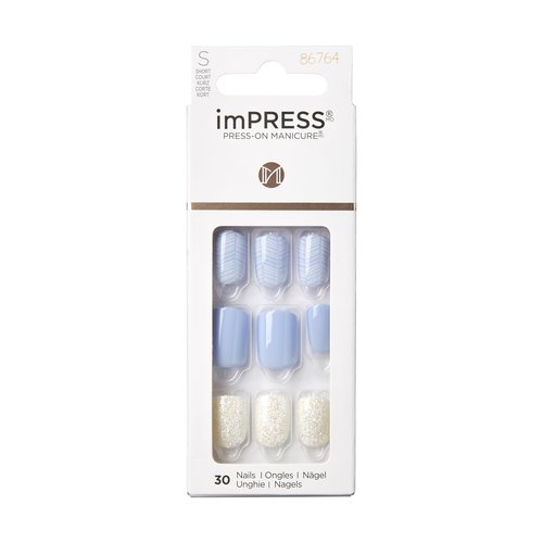 KISS imPRESS No Glue Manicure Press-On Nails, Light Blue, Lavender, White Glitter, Short Size, Squoval Shape, Includes 30 Nails, Prep Pad, 1 Manicure Stick, 1 Mini File