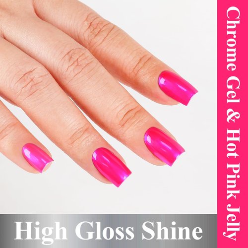 Imtiti Metallic Gel Nail Polish Set, 2 Pcs 10ml Chrome Mirror Shine gel polish & Hot Pink Jelly GEl POlish Soak Off UV LED Spring Summer Nail Art Manicure Salon DIY Design Kit