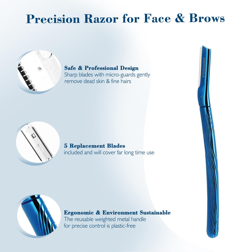 EROWZOLA Eyebrow Razor, Face Razors for Women and Men, Reusable Metal Handle with 6 Refill Blades, Eyebrow Trimmer with Precision Cover, Dermaplane Razor, Skin Care Tool - Blue