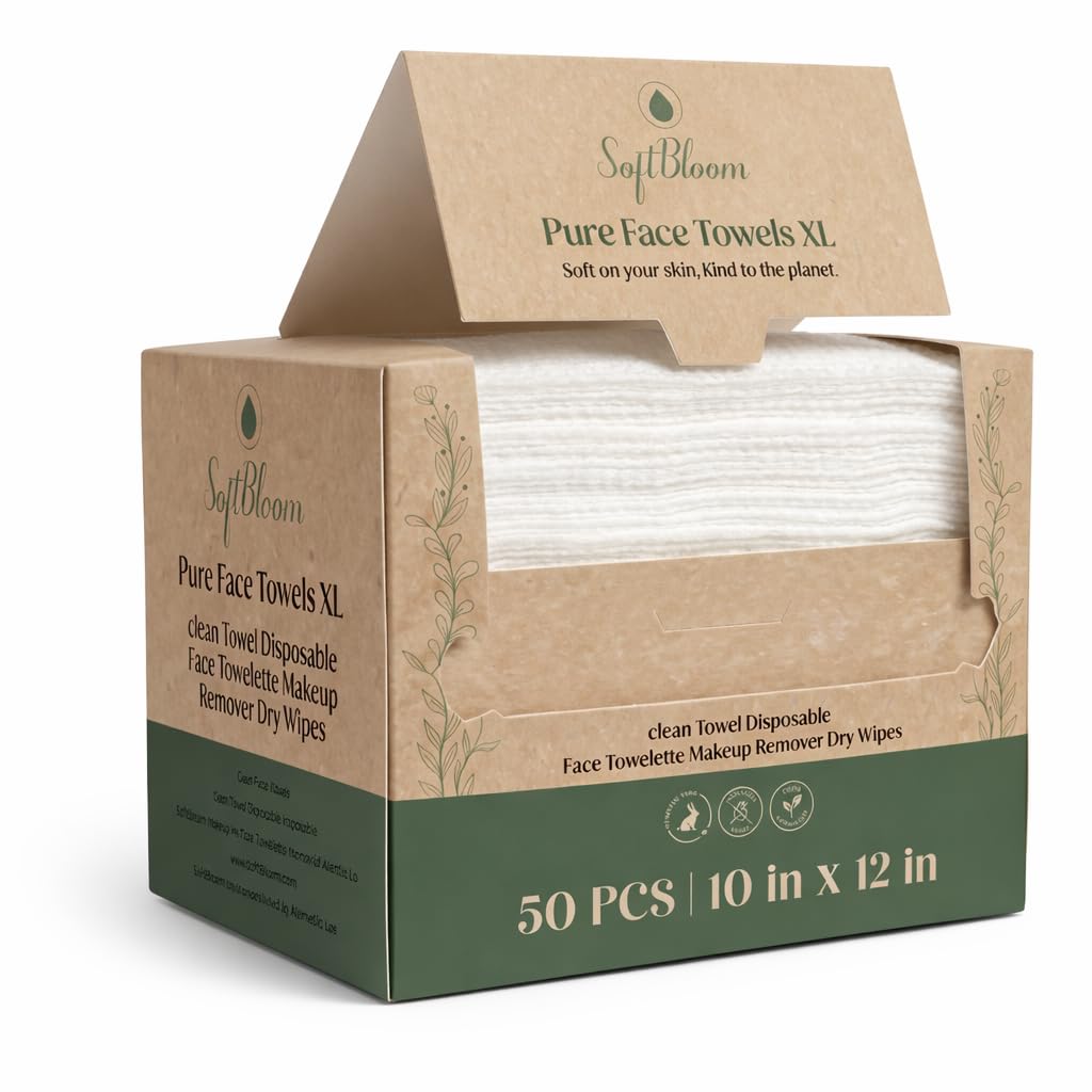 SoftBloom Disposable Face Towels XL – 50 Count Biodegradable Viscose Clean Towels for Face | Ultra Soft Single-Use Facial Towels | Sensitive & Acne-Prone Skin | Skincare, Cleansing & Makeup Removal
