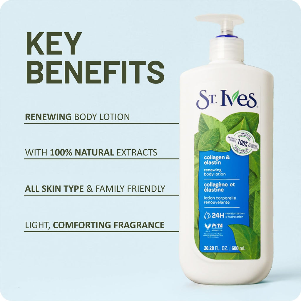 St. Ives Body Lotion, Renewing Collagen & Elastin Anti-Aging Skin Moisturizer, 24H Hydration, Cruelty-Free Skin Care, 20.28 Oz