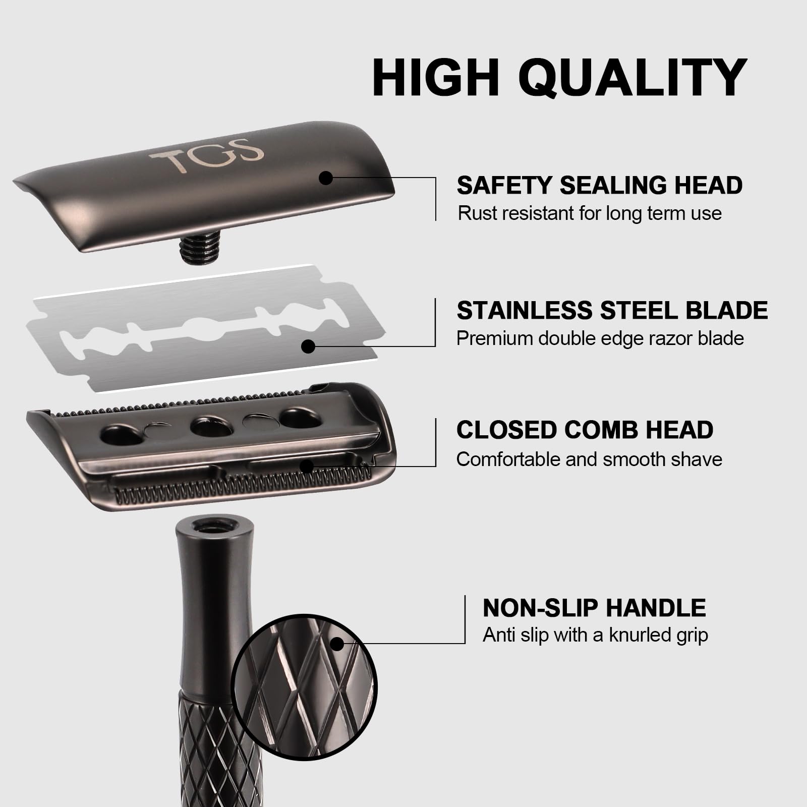 THE GROOMING SOCIETY Double Edge Safety Razor for Men with Stand and Silicone Cover - Durable Metal Eco-Friendly Single Blade Safety Razor with 10 Blades - Closed Smooth Shave Matte Black