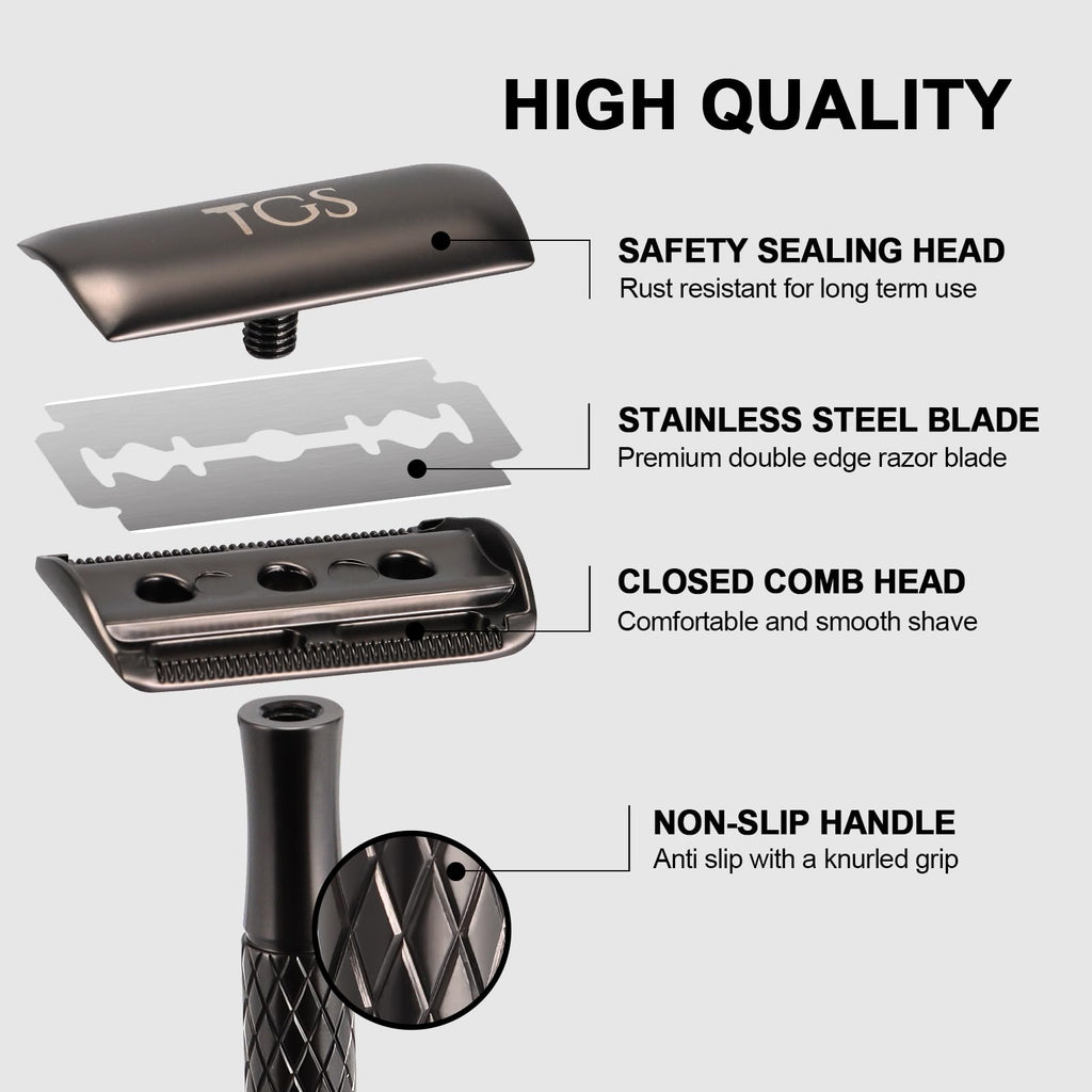 The Grooming Society Single Blade Safety Razor for Men with Silicone Cover & 10 Blades Double Edge Safety Razor for Travel Metal Eco-Friendly Reusable Razor for Shaving (Matte Black)