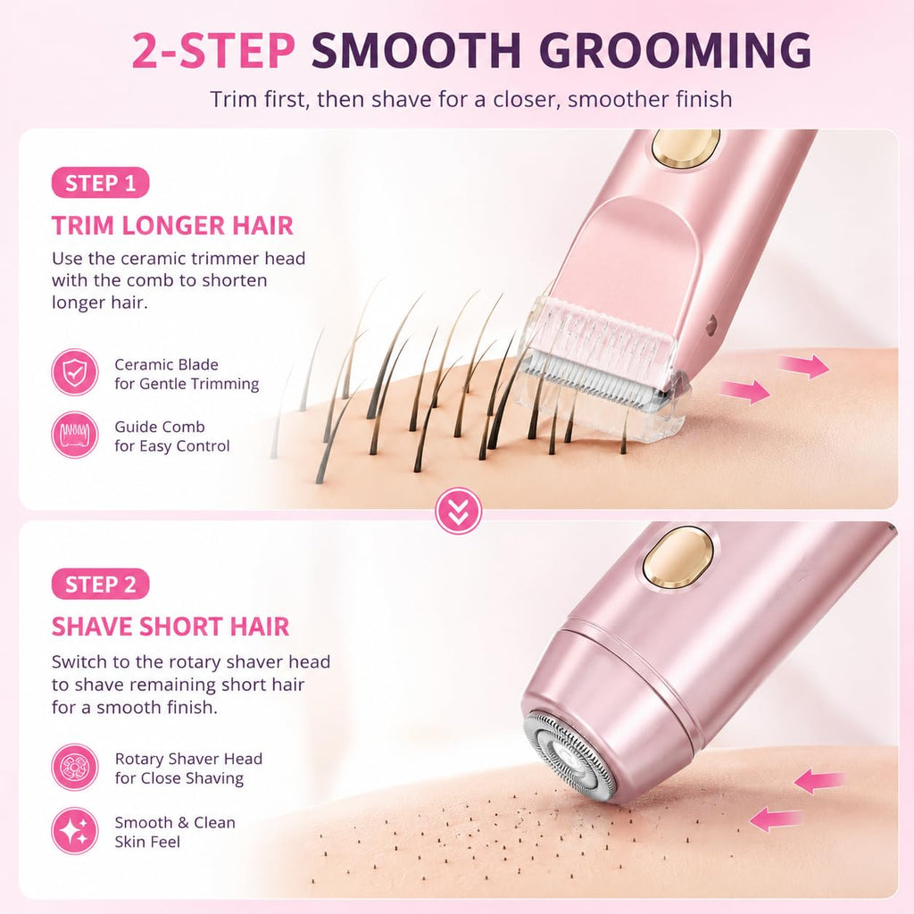 Bikini Trimmer for Women, 2-in-1 Electric Razor with Ceramic Trimmer & Rotary Shaver, IPX7 Waterproof Wet/Dry Women’s Body Shaver, USB-C Rechargeable Razor for Bikini Line, Legs, Underarms