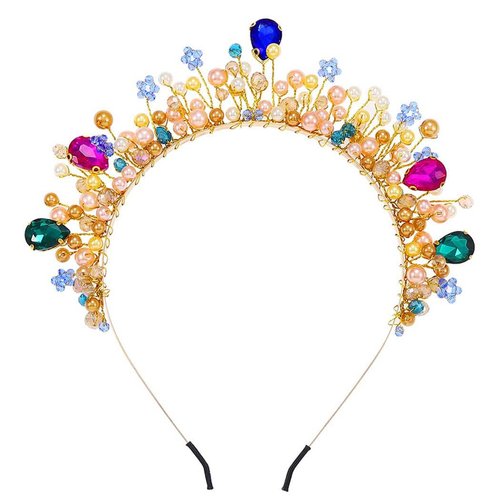 Kesvb Rhinestone Headband Colourful Pearl Crown Headpiece Flower Wedding Bridal Jewelry Hair Accessories for Women