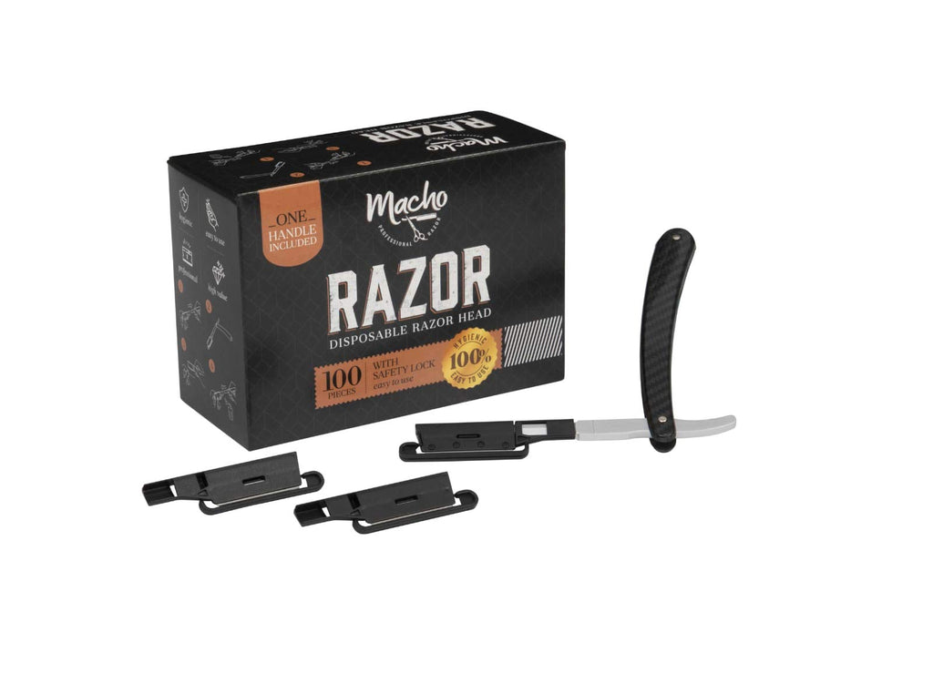 Professional Barber Aluminum Multi Use Straight Razor Handle with Disposable Razors 100 Pack Professional Straight Razor Kit for Barber, Macho by Better Barber
