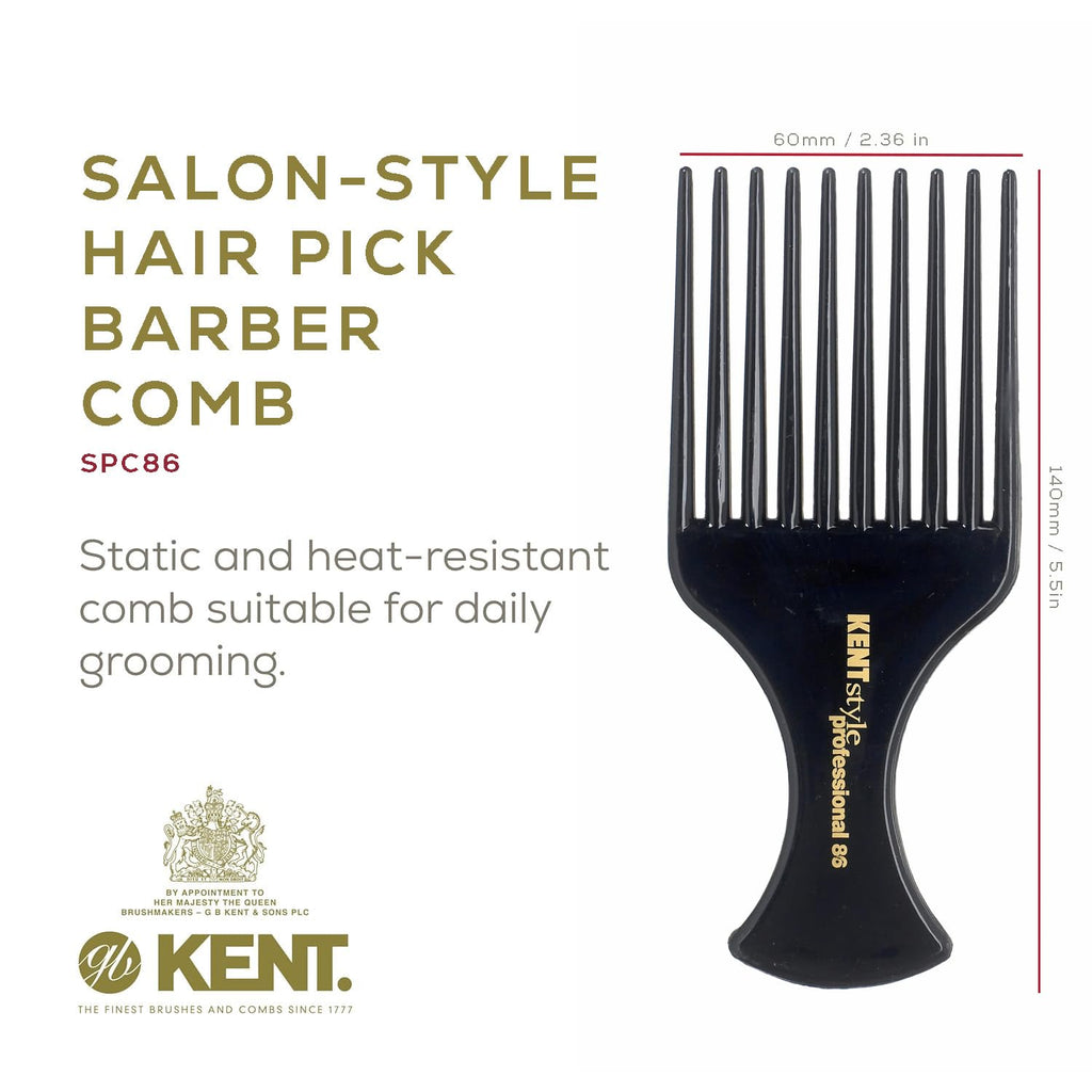 Kent SPC86 Black Salon-Style Professional Pick and Barber Comb - Afro Parting Comb for the Care of Curly and Thick Hair - Sleek style comb,Anti-Fatigue with a Rubberized Professional Finish