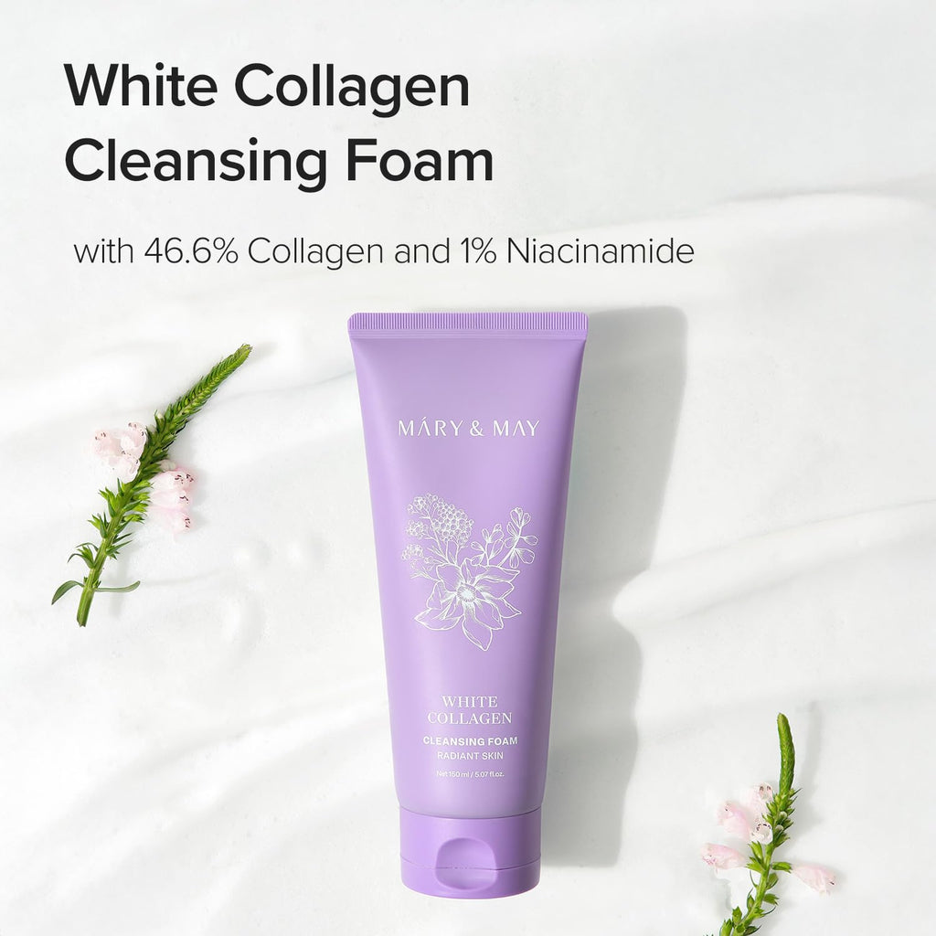 Mary&May White Collagen Cleansing Foam Duo Twin Pack - Deep Cleansing, Hydrating Formula for Firm and Radiant Skin with Niacinamide - Korean Skincare, EWG Green Grade, Hypoallergenic, 10.14 Fl Oz