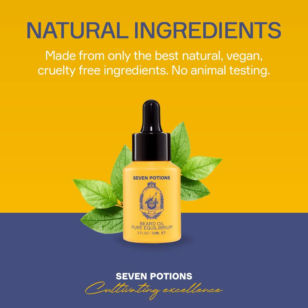 SEVEN POTIONS Natural Beard Oil for Men 1 FL OZ / 30ml — Fragrance Free & Unscented Beard Softener & Conditioner — Vegan Conditioning Oil That Helps Prevent Itch & Dandruff (Pure Equilibrium)