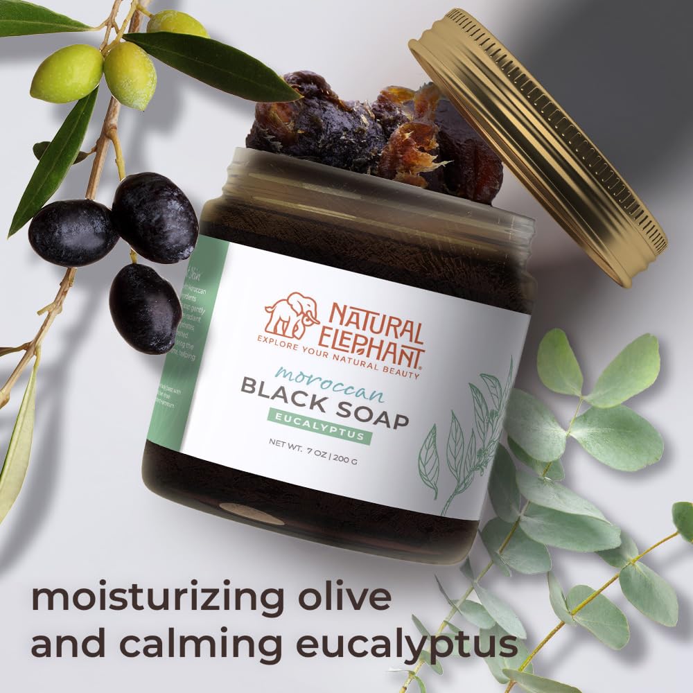 Natural Elephant Moroccan Black Soap | 7oz | Nila Indigo | Traditional Hammam Beldi Soap, 100% Natural Ingredients, Ideal for Exfoliating and Even Skin Appearance