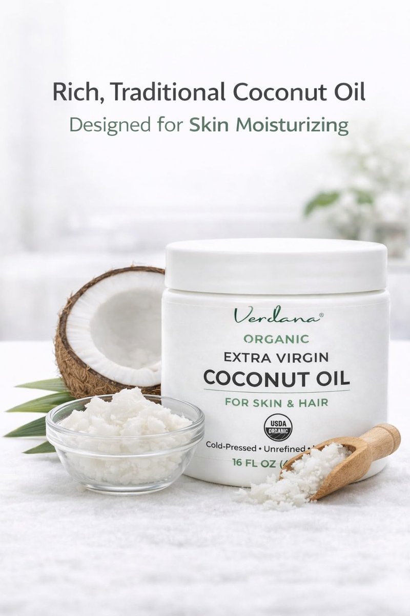 Verdana Extra Virgin Organic Coconut Oil for Skin – Rich Daily Moisturizer for Body & Dry Skin, Also for Hair Care – Unrefined, Cold Pressed, USDA Organic, 16 fl oz Jar