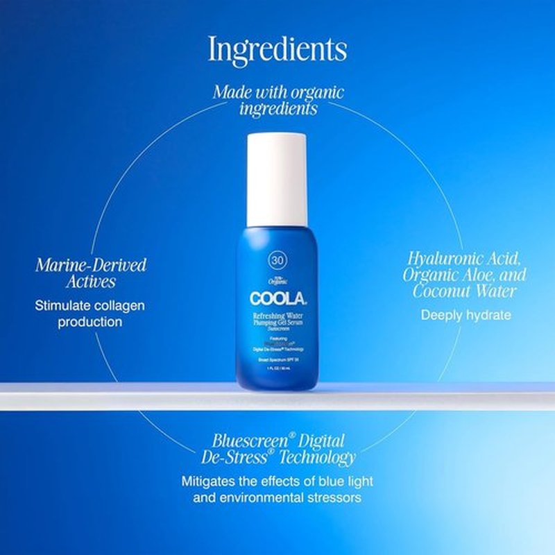 COOLA Refreshing Water Plumping Gel with SPF 30, Dermatologist Tested Face Sunscreen with Hyaluronic Acid, Organic Aloe, and Coconut Water, 1 Fl Oz