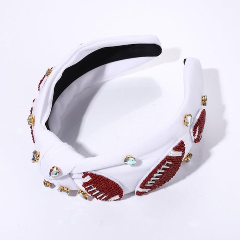 Football Headband for Women Football Mom Accessories Beaded Football Knotted Headband Jeweled Rhinestone Crystal Embellished Top Knot Hairband White Sport Hairband Game Day Hair Accessory (White)