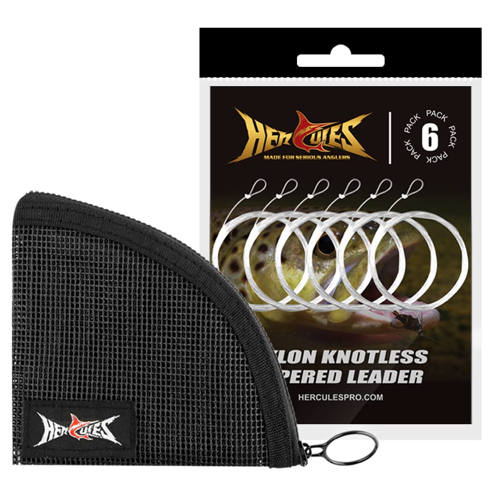 HERCULES Pre-Tied Loop Fly Fishing Leader 6 Pack with Tapered Leader Wallet, 9FT - 5X - 3.7LB
