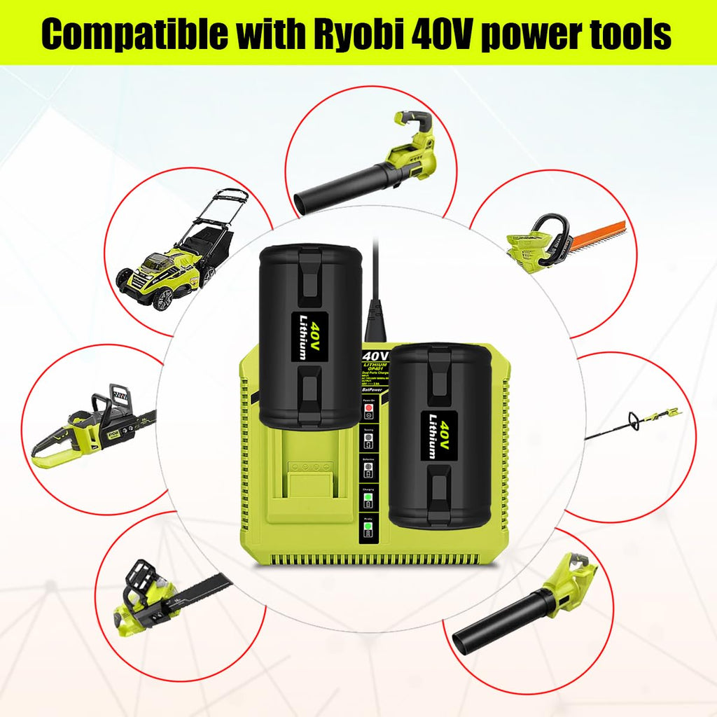 BatPower 2-Pack 40V 6.5Ah Lithium-Ion Replacement Battery and Charger Starter Kit Compatible with Ryobi 40V System, High Capacity Batteries and Charger OP4050A OP401 (3-Piece Set)