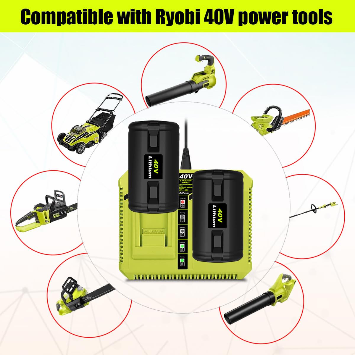 BatPower 2-Pack 40V 6.5Ah Lithium-Ion Replacement Battery and Charger Starter Kit Compatible with Ryobi 40V System, High Capacity Batteries and Charger OP4050A OP401 (3-Piece Set)