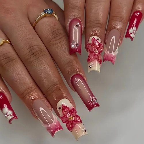 24 Pcs Handmade Press on Nails Long Square Nail Tips,YEFIUO Red Ombre French Acrylic Fake Nails Press ons 3D Pearl Nail Charms Design Glue on Nails Full Cover Reusable False Nails Art Kit for Ma'am