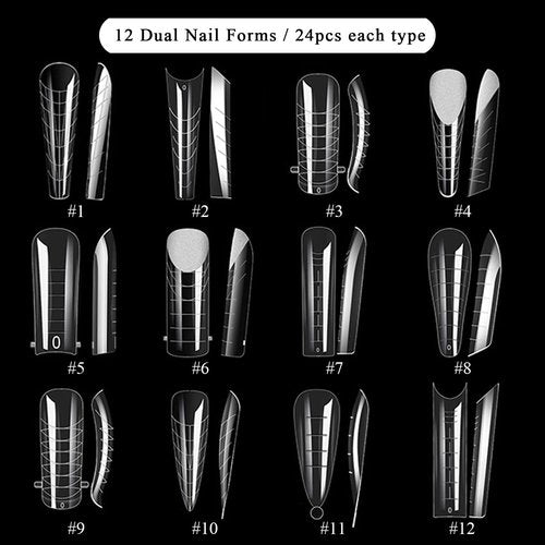FSpronail Dual Nail Forms Kit 288Pcs Polygel Nail Tips 12 Styles Poly Gel Nail Forms Reusable Stiletto Coffin French Acrylic Nail Extension Molds with Accessories - for Beginners