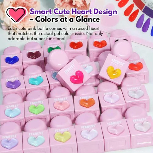 FZANEST 30pcs Gel Nail Polish Set, Professional HEAM-free TPO-free 10ml 26 Bright Colors DIY Gel Nail Set with Base Top Coat, Matte Top & Blooming – Pink Heart Shaped Bottles