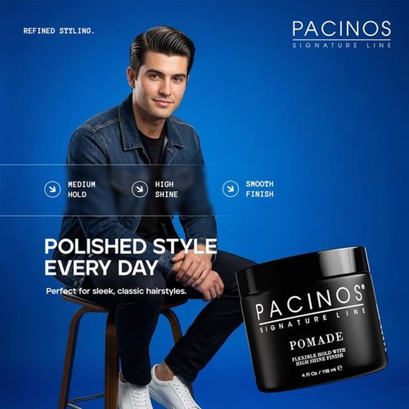 Pacinos Pomade - High Shine Hair Pomade for All Hair Types - Flexible Hold & Frizz Control - 4oz