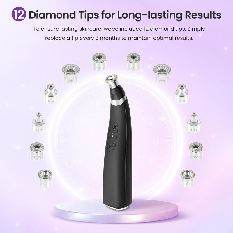 UNOISETION Diamond Microdermabrasion Machine - Rechargeable Facial Tool with 12 Tips | Blackhead Remover for Home & Travel