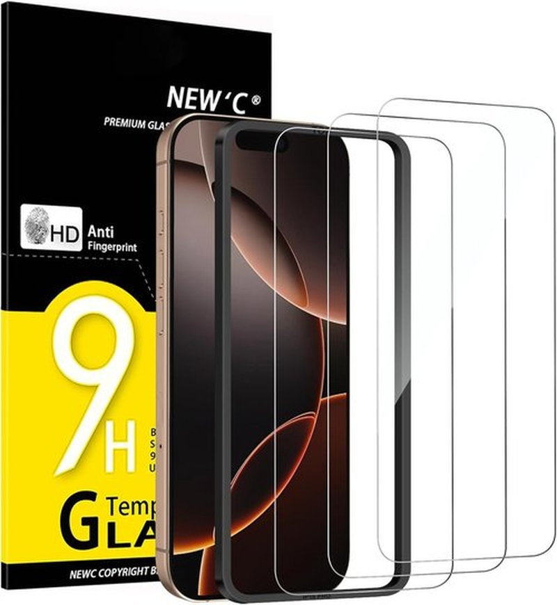 NEW'C iPhone 17 & 16 Pro Screen Protector - 3 Pack Tempered Glass, Easy Installation Tool Included | Ultra Resistant & Case Friendly