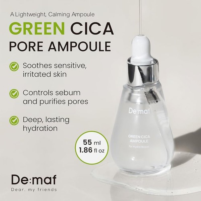 Green Cica Ampoule with 72% Green Tea, Cica & 8-Layer Hyaluronic Acid | Soothing & Sebum Control Pore Serum for Blackheads and Enlarged Pores | For Oily & Combination Skin (1.7 fl oz)