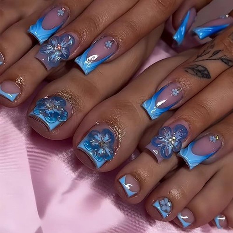 48 Pcs Pink Press On Nails Long Square & Press On Toenails Set - YEFIUO Spring Blue French Fake Nails Press ons Nail Art Tips Glue on Nails Acrylic Nail Kit False Toe Nails with 3D Flower Design