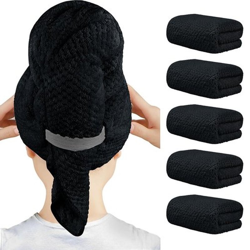 HOMEXCEL 5 Pack Large Microfiber Hair Towel Wrap for Women, Black- 40 x 20 inches Super Soft, Fast Drying Turbans for Long, Thick, Curly Hair - Anti Frizz Wrap with Elastic Strap