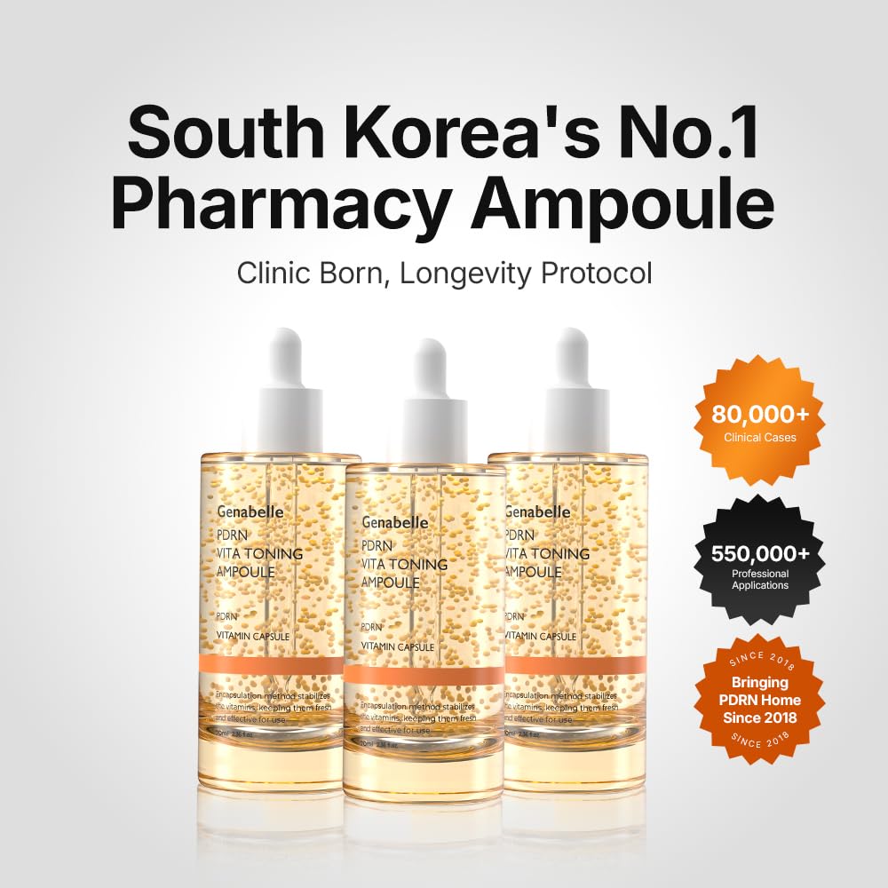 Genabelle PDRN Vitamin c Serum Toning Ampoule JUMBO SIZE - Lightweight Glass Skin,korean skin care with Vitamin B, C, E, PDRN, Serum for Blemishes, Fine Lines and Rough Skin Texture, 2.36 fl oz