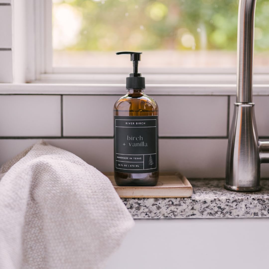 River Birch Birch + Vanilla Scented Natural Hand Soap - Handmade Soap - Moisturizing Hand Wash with Amber Glass Dispenser - Luxury Scented Hydrating Hand Soap - Vegan and Non-Toxic -16 Fl Oz