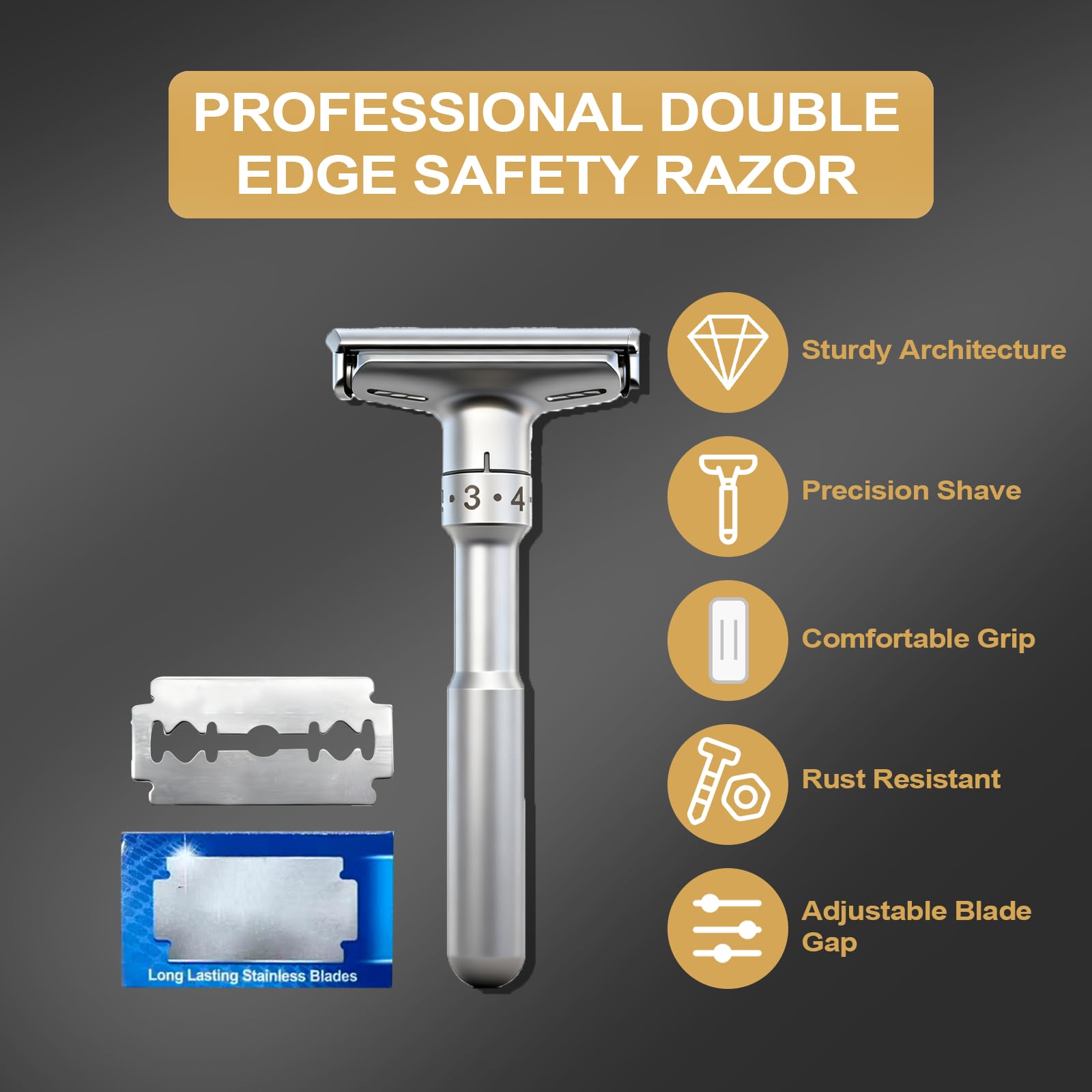 Travel Double Edge Safety Razor, Classic Safety Shaver Razor with Long Handle Adjustable (Razor with Beard Shaping Tool and Hot Compress Shaving Towel)