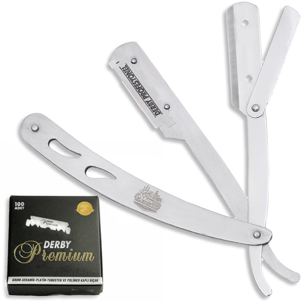 The Shave Factory Straight Edge Razor Kit - with Single Stainless Steel razors (Stell + Derby Premium)